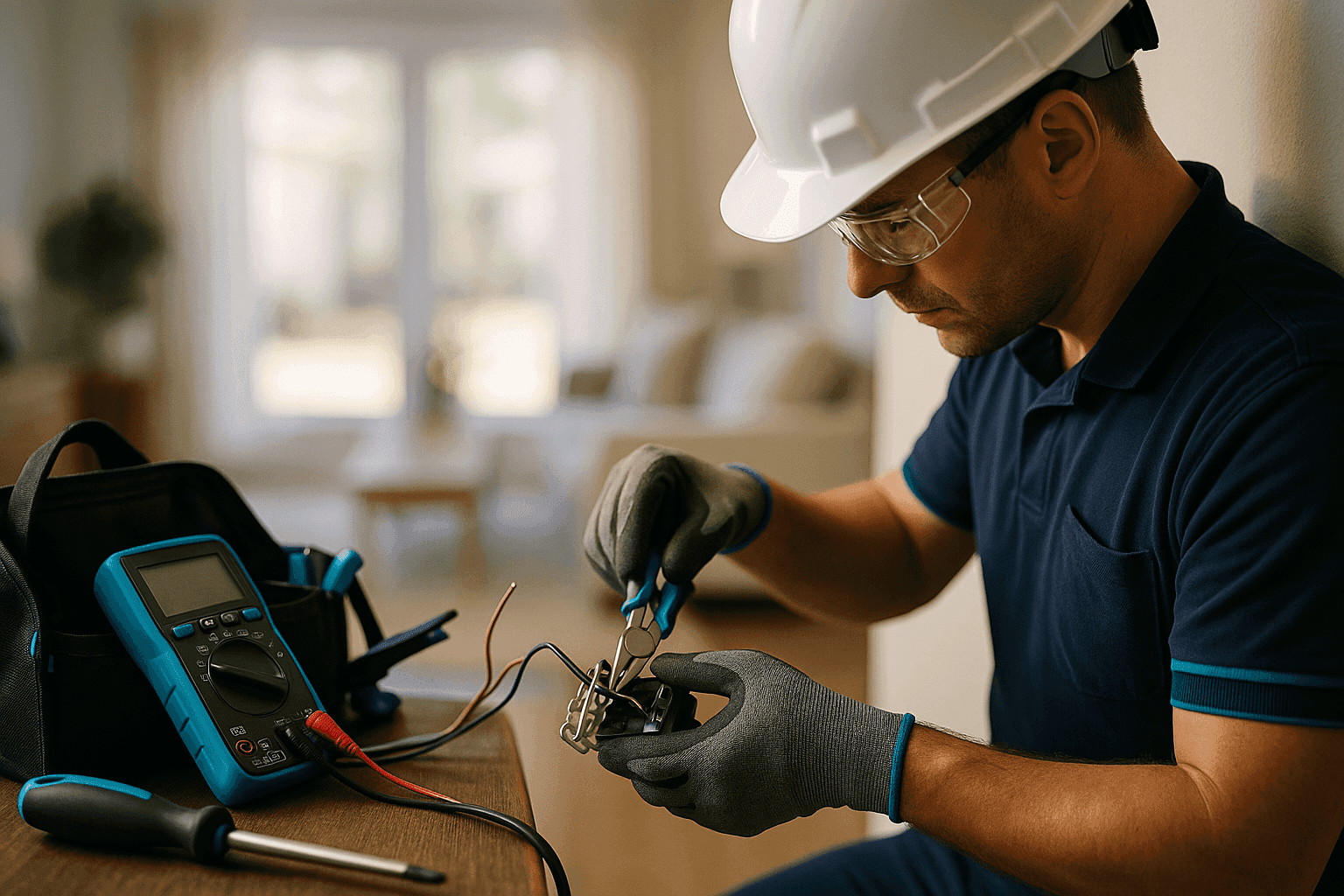 Residential electrician wearing gloves, goggles, and helmet working on wiring in a clean home.