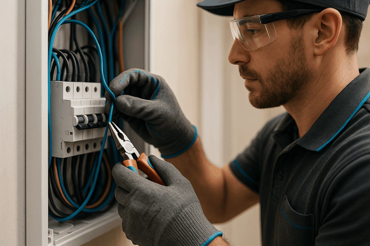 Close-up of electrician’s gloved hands connecting wires inside a modern electrical panel.